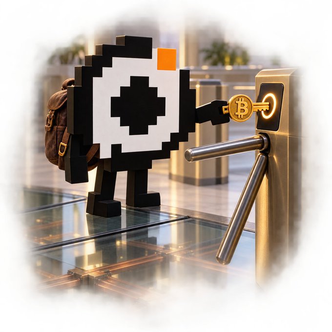A 3D rendered character shaped like a pixelated camera or device with a backpack, inserting a Bitcoin coin into a glowing golden turnstile.