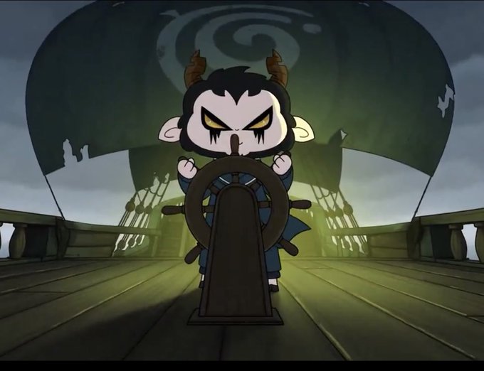 An animated scene shows a horned character gripping a ship's wheel with an intense expression, set against a dark, ominous background with a swirling pattern.