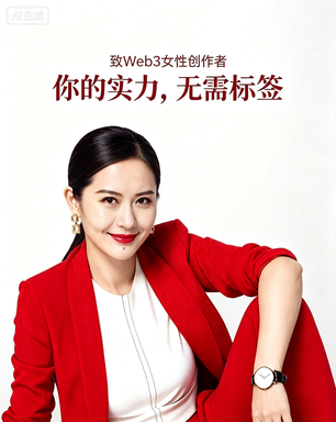 Advertisement featuring a woman in a red blazer with Chinese text '致Web3女性创作者 你的实力，无需标签' (To Web3 female creators, your strength needs no label).