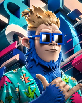 A stylized 3D character portrait shows a monkey with blonde hair, a blue beard, and blue pixelated sunglasses, wearing a tropical-patterned shirt against a geometric background.