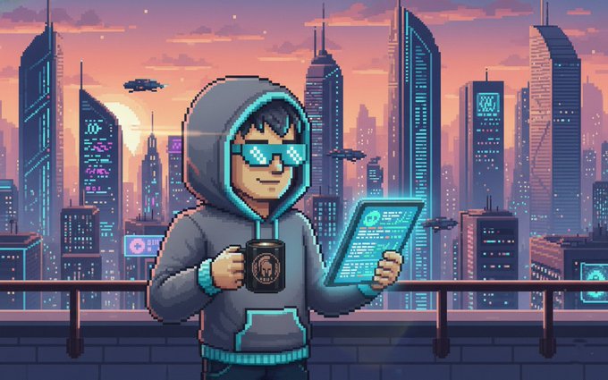 A pixel art illustration of a person in a hoodie and blue sunglasses holding a mug and a tablet against a cyberpunk cityscape at sunset.