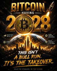 A graphic promoting 'Bitcoin Halving 2028' with the Bitcoin logo and 'THIS ISN'T A BULL RUN. IT'S THE TAKEOVER' written in bold text against a dramatic cityscape with golden lighting and a rocket, tagged 'HOLD THE STANDARD. BE THE FUTURE.'