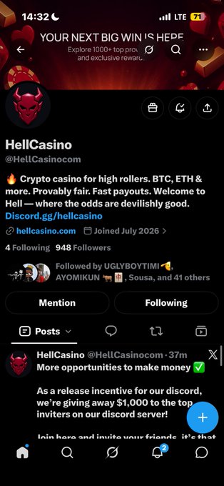 A Twitter/X profile page for 'HellCasino @HellCasinocom' describing itself as a crypto casino for BTC, ETH and more, with a pinned tweet offering a $1,000 giveaway.