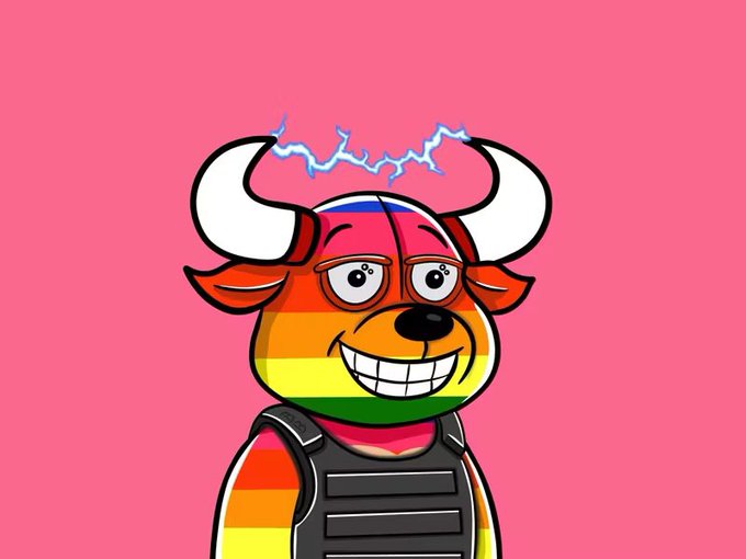A cartoon bull character with rainbow stripes and white horns grins widely, with blue lightning crackling between its horns against a pink background.