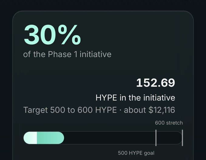 A progress indicator showing "30% of the Phase 1 initiative" completed, with "152.69 HYPE in the initiative" toward a target of 500-600 HYPE.
