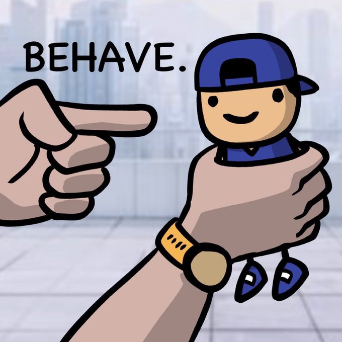 A cartoon illustration of a giant hand wearing an Apple Watch holding a tiny, smiling character dressed in blue clothing and a cap, accompanied by the text "BEHAVE." at the top.