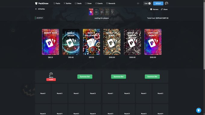 A dark-themed gaming interface called 'PackDraw' displays various card battle options with prices ranging from $88.28 to $150.00, featuring Halloween and Mercy themed packs.