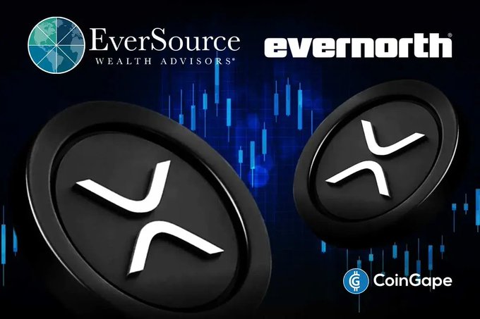 The image features logos of EverSource Wealth Advisors and Evernorth alongside XRP cryptocurrency symbols set against a candlestick chart backdrop, visually representing the firm's expanding crypto exposure including its disclosed holdings in XRP ETFs and Bitcoin ETFs as reported in the SEC filing.
