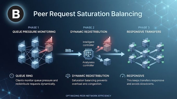 Infographic titled 'B Peer Request Saturation Balancing' showing a three-phase process: Phase 1 'Queue Pressure Monitoring', Phase 2 'Dynamic Redistribution', and Phase 3 'Responsive Transfers', with the tagline 'OPTIMIZING PEER NETWORK EFFICIENCY'.