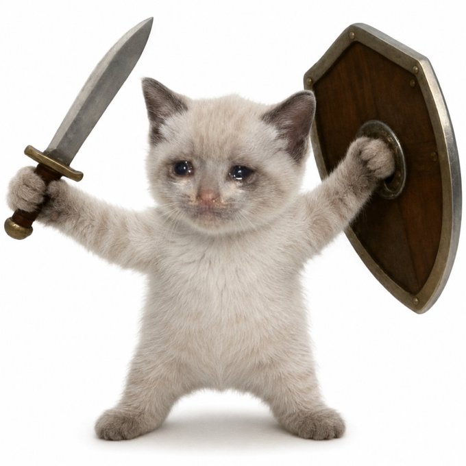A cute, fluffy kitten standing upright on its hind legs, holding a small sword in one paw and a wooden shield with metal trim in the other, posed in a heroic warrior stance against a white background.