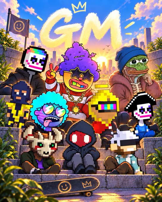 A colorful digital illustration featuring a group of various NFT-style characters (including pixel art figures and a Pepe the Frog in a beanie) gathered together with "GM" (Good Morning) written in large letters at the top against a sunset city backdrop.