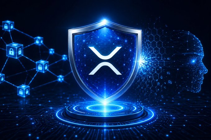 The image features a digital illustration that combines elements of both the cryptocurrency world (with its blue shield) and AI (with the person's face). The XRP Ledger has introduced a new type of blockchain security technology called XRPL, which aims to protect against emerging threats in the crypto space. The image highlights the ongoing efforts to stay resilient and secure as advancements in AI continue to challenge traditional approaches to blockchain security.