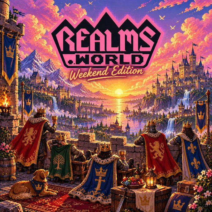Pixel-art promotional artwork for 'REALMS .WORLD Weekend Edition' showing kings in royal capes overlooking a fantasy kingdom with castles, waterfalls, and a sunset, accompanied by a golden retriever.