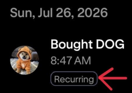 A notification screenshot from Sun, Jul 26, 2026, showing a 'Bought DOG' transaction at 8:47 AM marked as 'Recurring' with a dog in an orange hoodie as the profile picture.