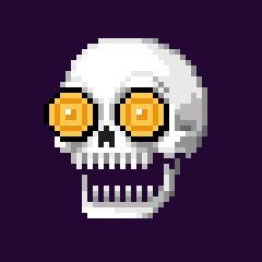 A pixel art skull with orange/yellow glowing eyes on a dark purple background.