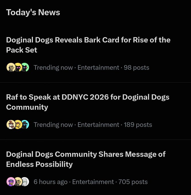 A mobile app news feed displays headlines including 'Doginal Dogs Reveals Bark Card for Rise of the Pack Set' and 'Raf to Speak at DDNYC 2026 for Doginal Dogs Community' under a 'Today's News' header.