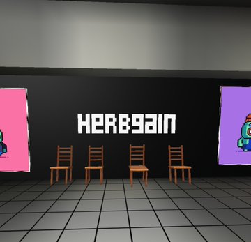 A 3D rendered room features a black wall with the word "HERBGAIN" in large white letters, flanked by two pink banners and five simple wooden chairs.