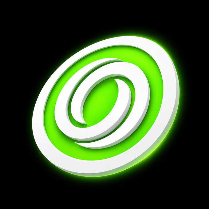 A 3D-rendered graphic features a white spiral or swirl logo glowing brightly against a solid black background.