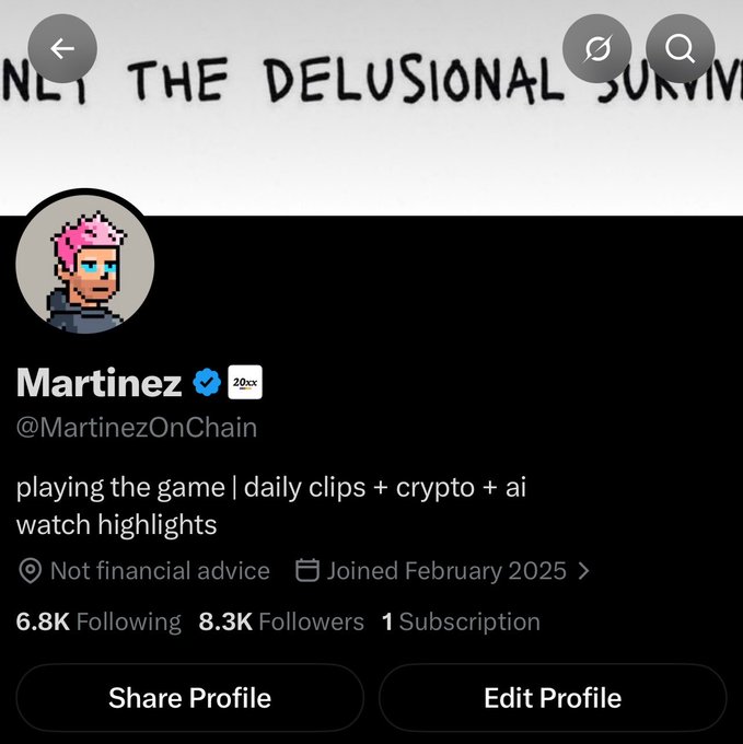A Twitter profile for "Martinez" (@MartinezOnChain) with 8.3K followers, 6.8K following, a verified blue check, and a "20xx" badge, featuring a pixelated pink-haired avatar. The profile's bio describes it as a gaming, crypto, and AI content account, with a "Not financial advice" disclaimer, tying into the post about earning his first real badge after being scammed out of 2 SOL for a fake one.