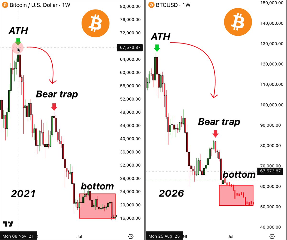 This image shows two graphs for Bitcoin (BTC) price changes, with one set of bars at an upward trend and another set at a downward trend. The upward bars indicate that the Bitcoin price has gone up, while the downward bars represent a loss in value. The pattern observed in both trends appears to be the same, which might suggest market confusion or speculation about future movements in the cryptocurrency.