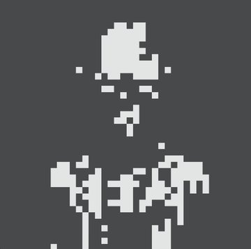 A highly pixelated, low-resolution image showing what appears to be a figure or face in white pixels against a dark gray background.