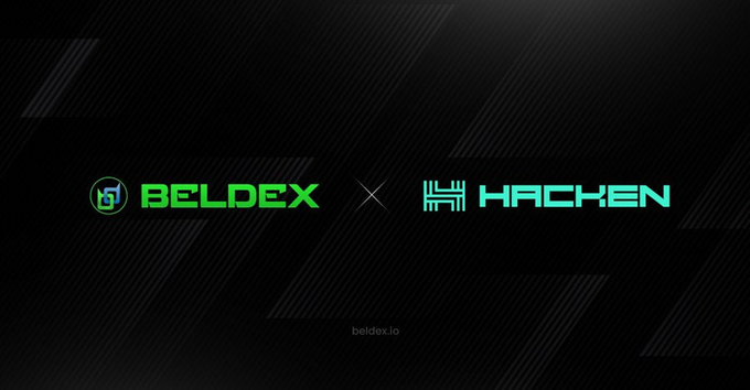 A promotional graphic on a black background displays the Beldex logo in green next to the Hacken logo in teal, separated by an "x" symbol indicating a partnership, with "beldex.io" at the bottom. The image visually represents the collaboration between Beldex and Hacken for security testing of Beldex's new bridge, as described in the accompanying post.