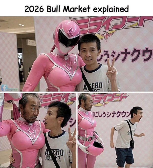 A humorous meme titled '2026 Bull Market explained' showing a man posing happily with a person in a pink Power Ranger costume, followed by panels where the man looks shocked after the helmet is removed to reveal an older man.