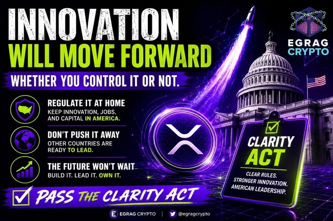This EGRAG Crypto infographic titled "INNOVATION WILL MOVE FORWARD" features an XRP rocket launching past the U.S. Capitol building, advocating for the "CLARITY ACT" with three key bullet points: "REGULATE IT AT HOME" to keep innovation and capital in America, "DON'T PUSH IT AWAY" since other countries are ready to lead, and "THE FUTURE WON'T WAIT" to build, lead, and own it. The bold call-to-action "PASS THE CLARITY ACT" directly aligns with the post's message urging lawmakers to regulate crypto domestically rather than risk driving innovation, jobs, and capital overseas.