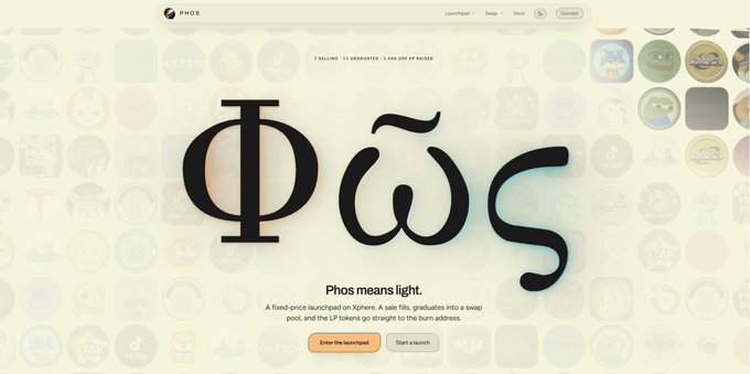 The image shows the launchpad homepage for "Phos," featuring large stylized text reading "Phos means light" with a tagline stating it is a fixed-price launchpad on Xphere where "12 Graduates, 1,948,295 $XP Raised" have been completed. The interface displays "Enter the launchpad" and "Start a search" buttons, visually representing the platform's official opening on the Xphere mainnet as mentioned in the post.