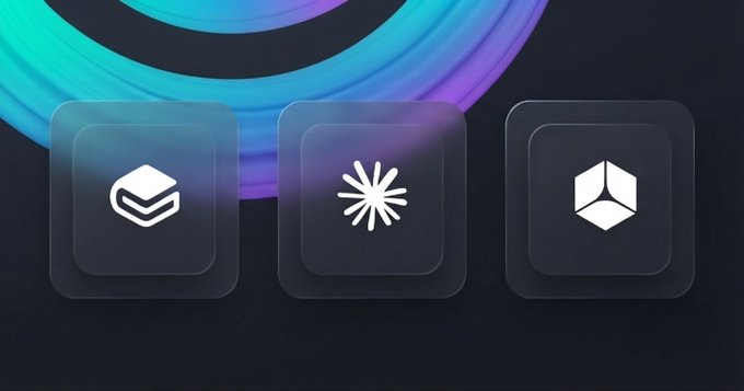 Three dark app icons with white logos displayed against a colorful cyan-purple circular background.