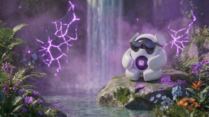 The image features a white robot with sunglasses sitting atop a rock, surrounded by purple flowers and a waterfall. The scene appears to be set in a jungle or forest environment, creating an immersive and visually appealing atmosphere. The post about adoption seems unrelated to this image but is still present as part of the content shared on social media platforms.