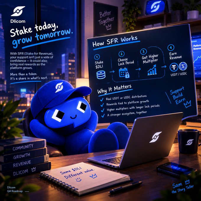 Promotional graphic for Dlicom's Q4 Roadmap featuring the tagline 'Stake today, grow tomorrow,' explaining how SFR (Stake for Revenue) works with $DLI staking, lock periods, multipliers, and USDT/USDC earnings.