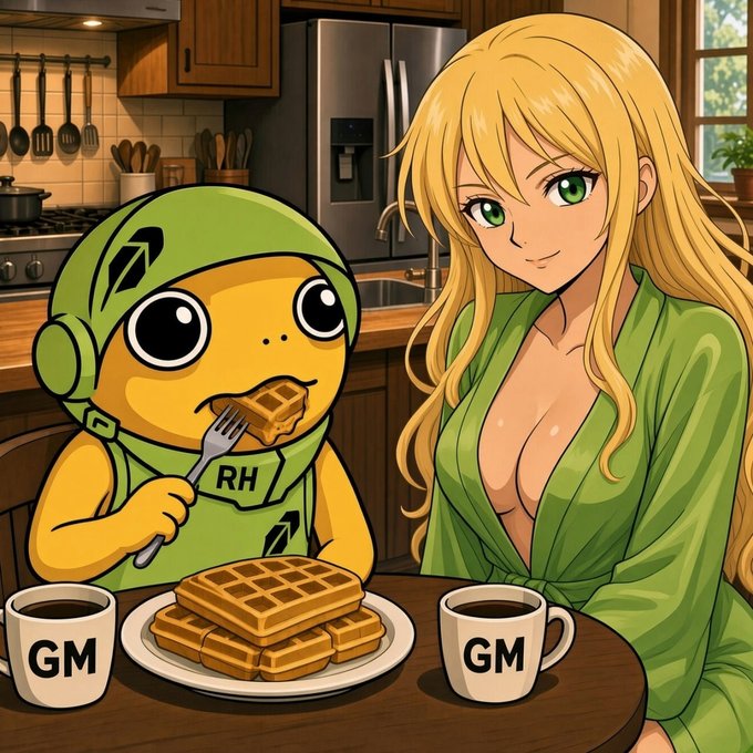 An anime-style illustration showing a blonde woman in a green robe sitting next to a yellow cartoon character wearing a green helmet marked 'RH,' with both enjoying waffles and coffee from mugs labeled 'GM.'