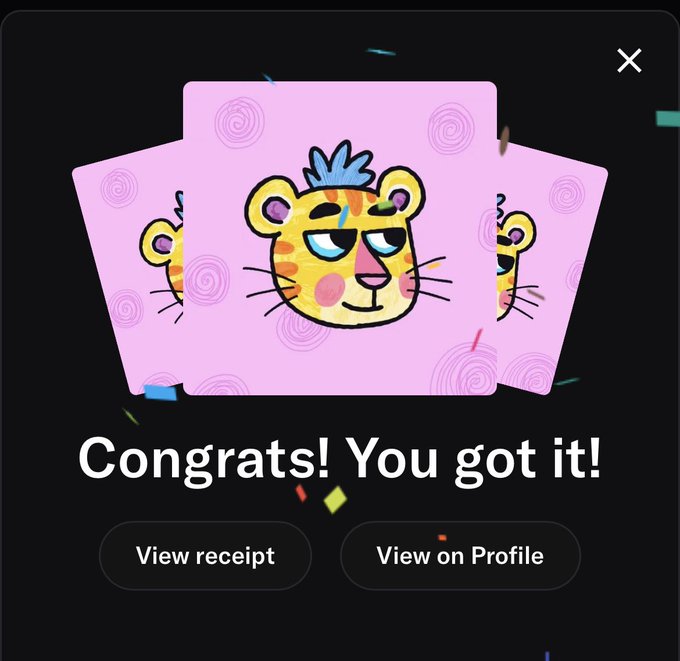 A celebratory "Congrats! You got it!" popup screen displays three pink NFT cards featuring a cartoon cheetah with a blue mohawk and sleepy expression, surrounded by confetti, with "View receipt" and "View on Profile" buttons below. The image confirms the successful mint of three Wiggglers NFTs (art by @0xRizzio) as mentioned in the post.