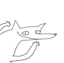 A simple line drawing of a cartoon dog or wolf-like creature with pointed ears and an outstretched paw.