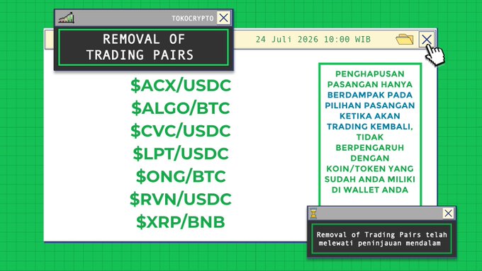 A retro-style graphic announcing Tokocrypto's delisting of trading pairs ACX/USDC, ALGO/BTC, CVC/USDC, LPT/USDC, ONG/BTC, RVN/USDC, and XRP/BNB, scheduled for July 24, 2026 at 10:00 WIB, with a notification that the removal has passed a thorough review.