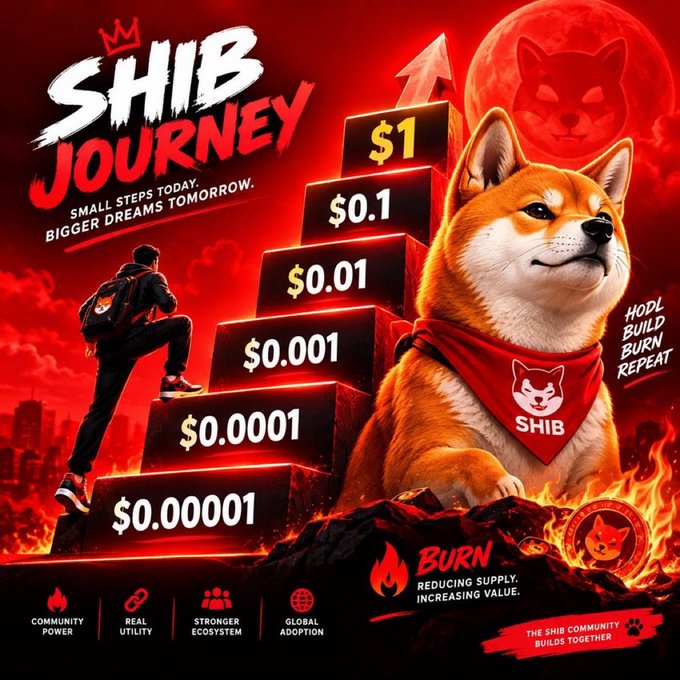 A red-themed promotional graphic titled "SHIB JOURNEY" with the tagline "SMALL STEPS TODAY. BIGGER DREAMS TOMORROW." showing a staircase of increasing price points from $0.00001 to $1, alongside a Shiba Inu dog wearing a SHIB bandana.
