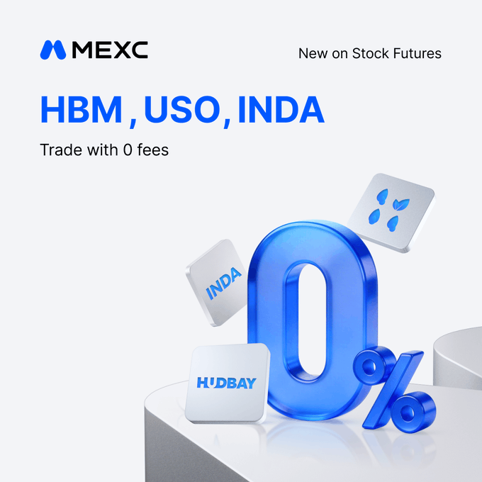 A MEXC promotional graphic announcing new stock futures listings for $HBM, $USO, and $INDA with 0 trading fees, featuring a large blue "0%" symbol surrounded by floating tiles bearing the ticker symbols and company names, visually reinforcing the fee-free trading offer.