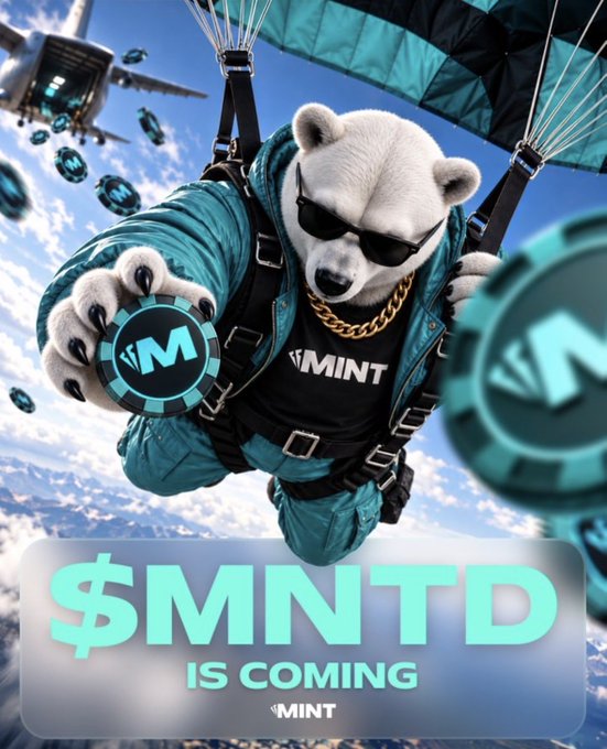 A promotional image features a polar bear wearing sunglasses, a gold chain, and a teal jumpsuit skydiving while holding a poker chip with the letter 'M', accompanied by the text '$MNTD IS COMING' and the 'MINT' logo.