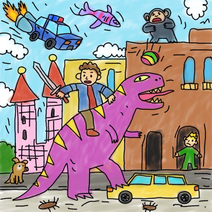 A vibrant, hand-drawn children's illustration showing a knight with a sword riding a pink dinosaur through a whimsical town with castles, a flying police car, a scared gorilla, and a small green-clad figure, fitting the playful style of a KidStoryHood NFT giveaway.