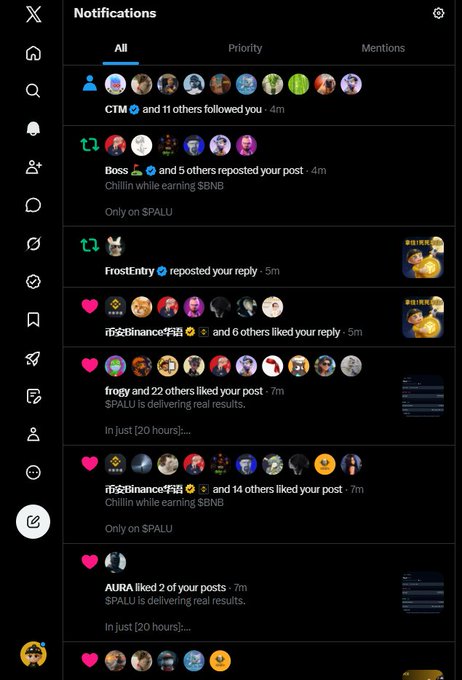 A screenshot of a social media notifications page showing various interactions including follows, reposts, and likes on posts about $PALU, with messages like "Chillin while earning $BNB," "$PALU is delivering real results. In just [20 hours]...," and multiple users including CTM, Boss, FrostEntry, and AURA engaging with $PALU-related content.
