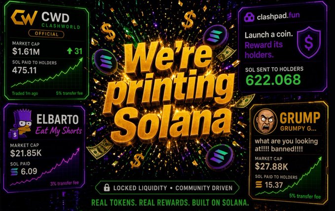A crypto-themed graphic announcing 'We're printing Solana,' featuring token cards for CWD ($1.61M market cap), clashpad.fun (622.062 SOL), ELBARTO ($21.85K), and GRUMP ($27.88K), with text 'REAL TOKENS, REAL REWARDS. BUILT ON SOLANA.'