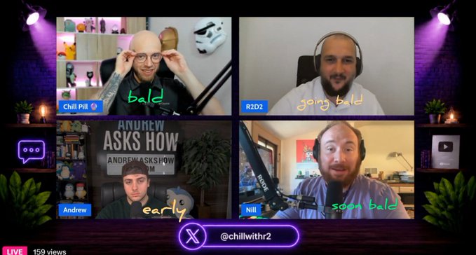 A four-person livestream podcast called 'Chill with 2' featuring hosts Chill Pill, R2D2, Andrew, and Nill with annotations showing a hair loss progression.