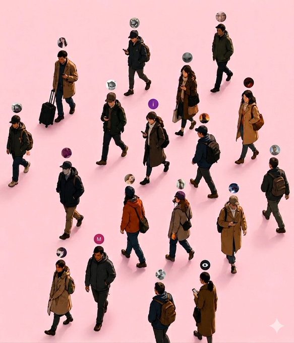 Illustrated scene of numerous people walking in different directions on a pink background, each labeled with a small circular avatar icon.