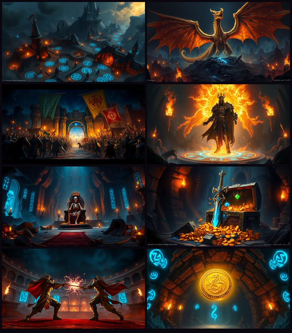 A collage of 8 fantasy-themed images featuring dragons, medieval castles, warrior figures with glowing fire, treasure chests, magic portals, and wizards, with a dominant orange and blue color palette.
