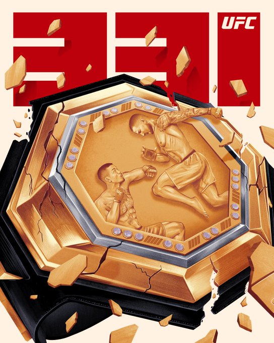 Promotional UFC graphic featuring the number "331" above a gold championship belt breaking through its display case, depicting an illustrated MMA fight between two athletes, with the "UFC" logo in the corner—teasing the upcoming UFC 331 event.