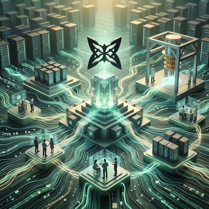 A futuristic digital illustration showing a butterfly-shaped logo floating above a glowing crystal on an isometric circuit board, surrounded by miniature scientists and rows of computer servers.
