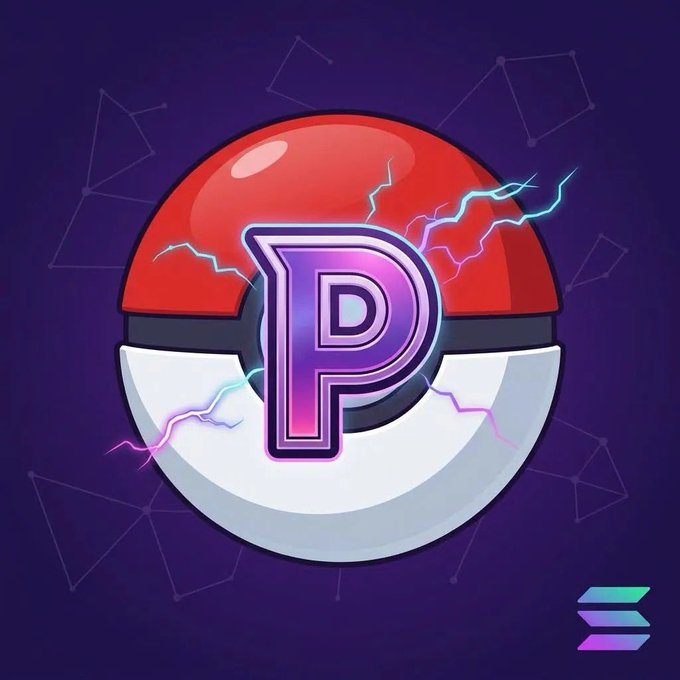 A stylized Poké Ball with a glowing purple "P" at its center, surrounded by electric bolts, against a dark cosmic background with Solana's logo in the corner — visually fusing Pokémon nostalgia with the $POKEPONS meme token's branding.