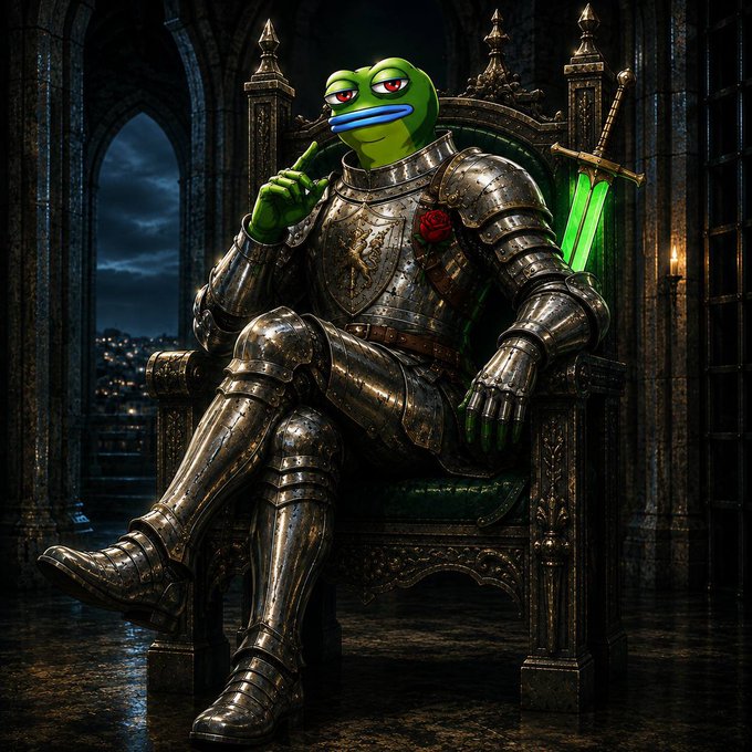 A digital artwork depicting the Pepe the Frog meme character wearing ornate silver knight armor, sitting on a throne while holding a glowing green sword.