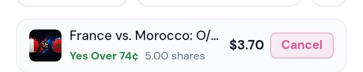 A screenshot from the YeNo prediction markets app shows a bet placed on the France vs. Morocco match for "Over 74¢" with 5.00 shares at $3.70, which aligns with the user's mention of hedge trading football match over/under bets on the platform.